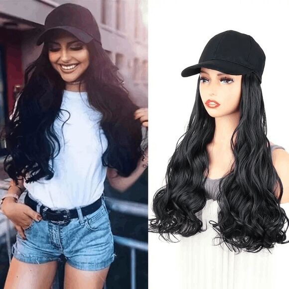 Baseball Cap with Black Wavy Hair Wig - Picture 8 of 8